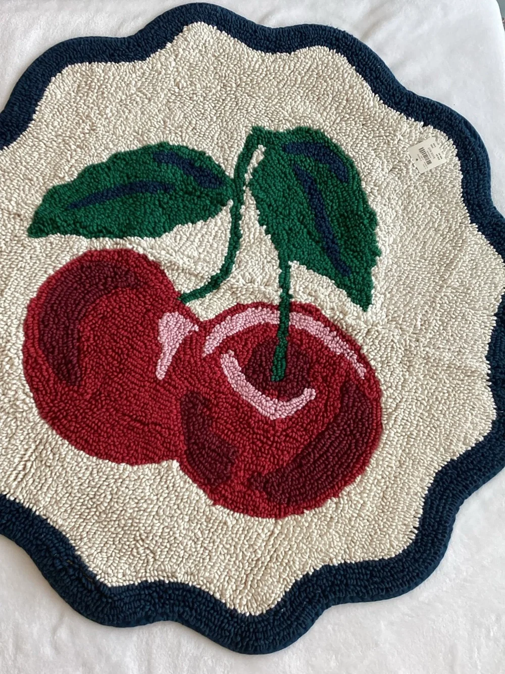 Anthropologie Tufted Cotton Bath Mat Scalloped Edge New Cherry Red Fruit Rug